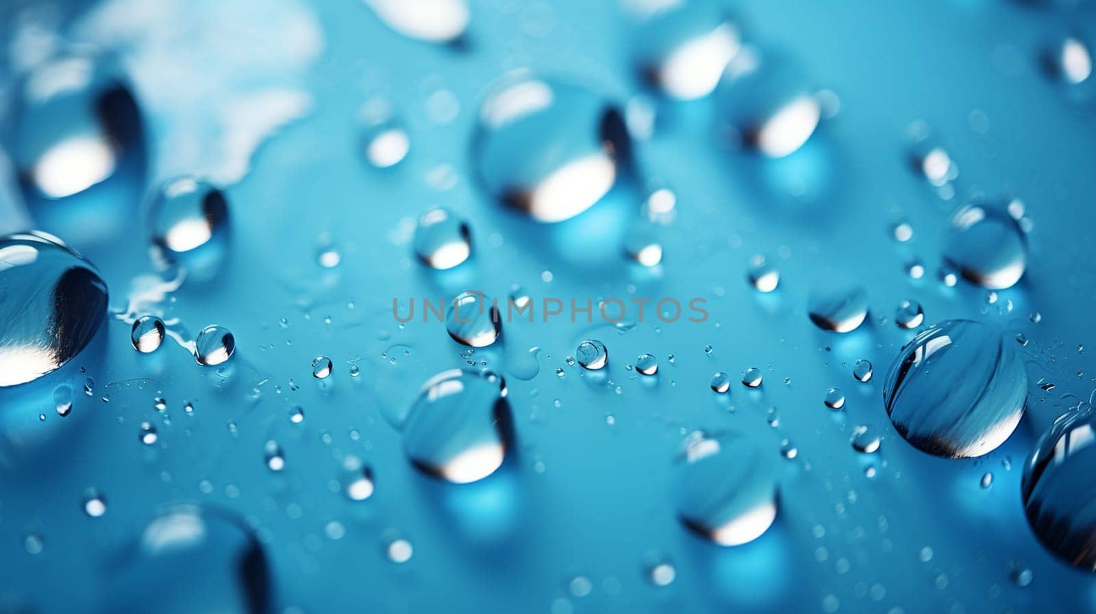 Drops of water on a blue background. Shallow depth of field, Generate AI  by Mrsongrphc