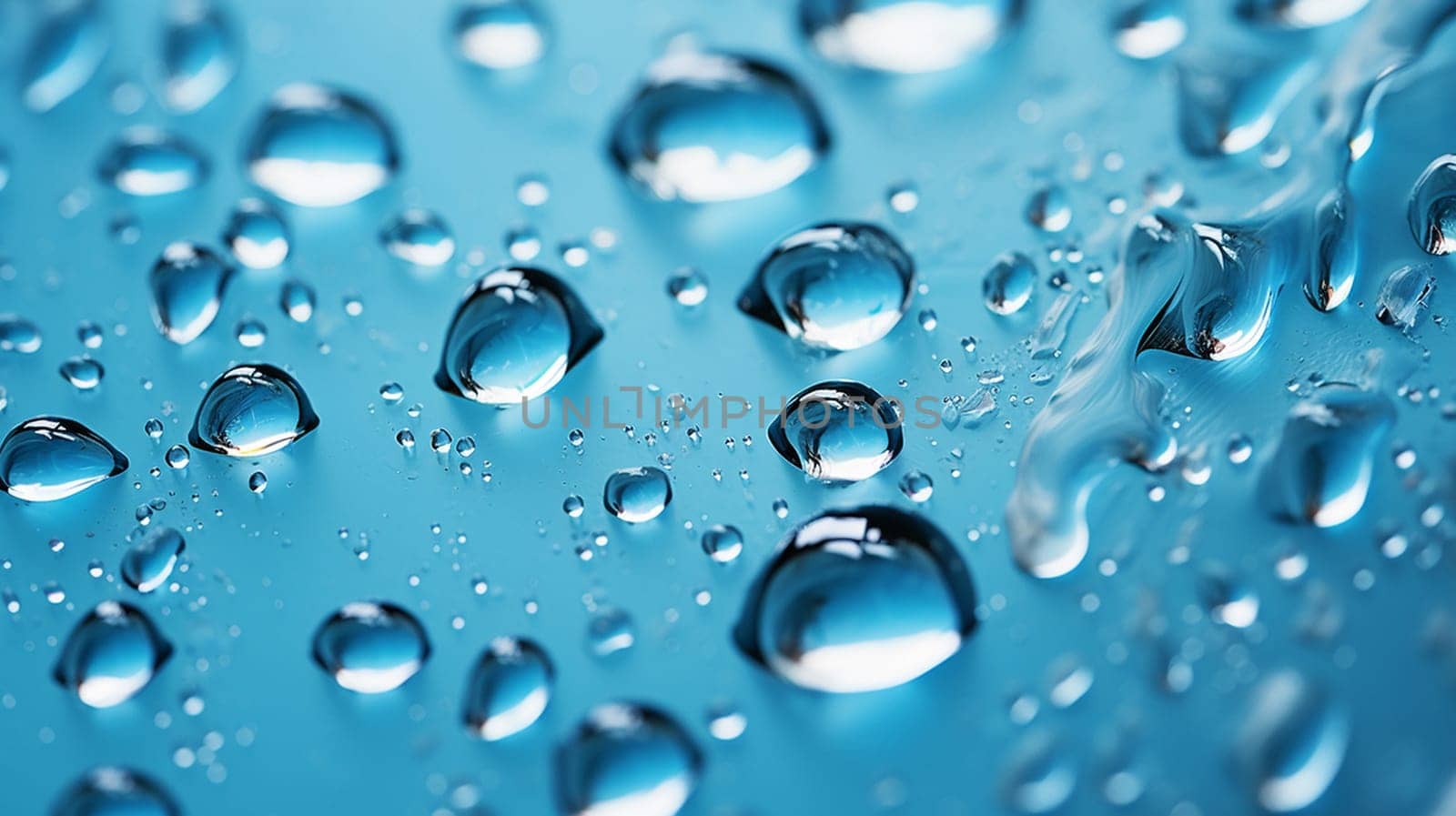 Drops of water on a blue background. Shallow depth of field, Generate AI  by Mrsongrphc