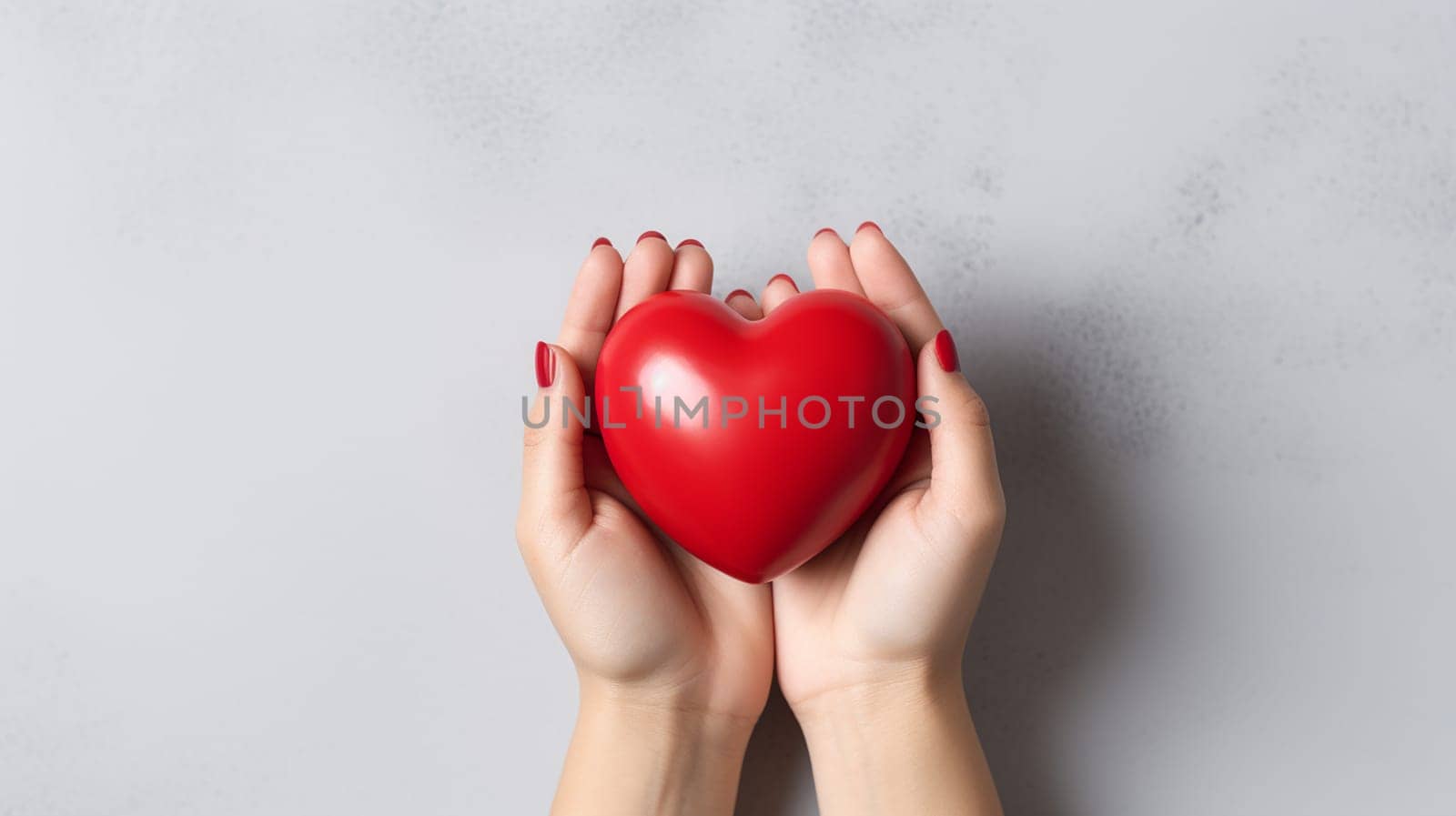 Female hands holding red heart on grey background, top view, copy space , Generate AI