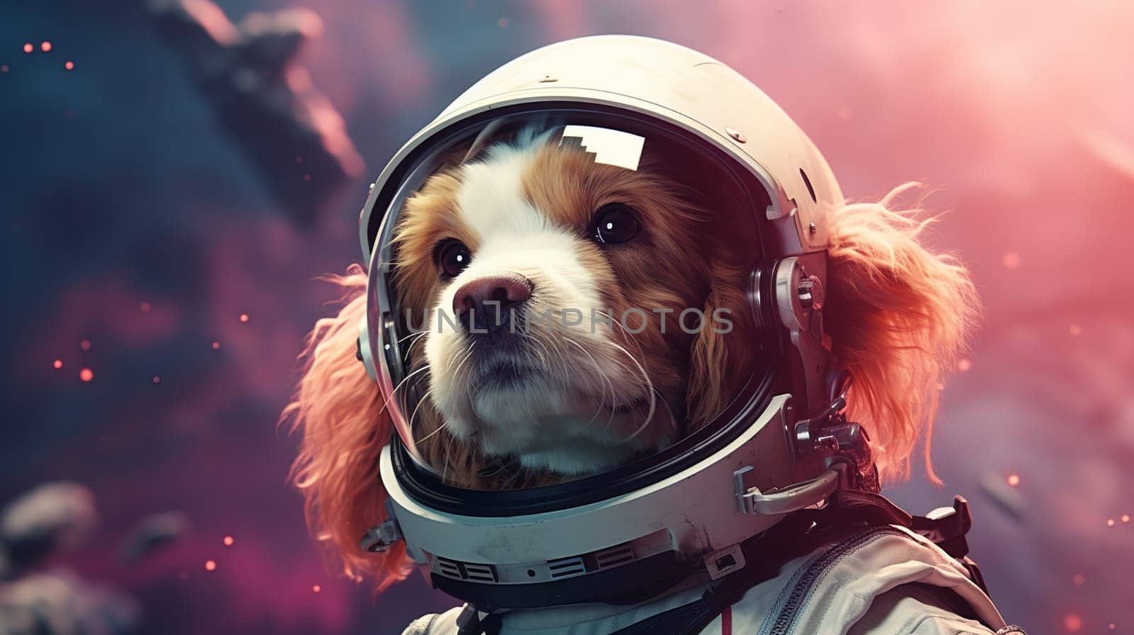 Spitz dog in astronaut helmet on blue background. 3d rendering, generate AI by Mrsongrphc