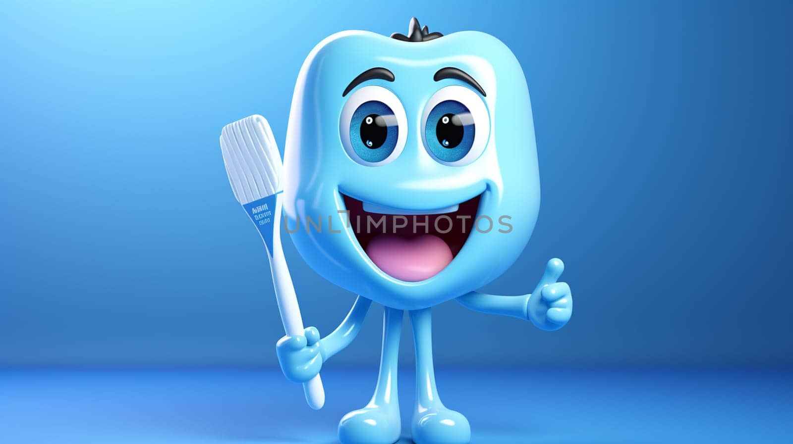 Cartoon character of blue tomato with toothbrush showing thumbs up gesture, Generate AI by Mrsongrphc