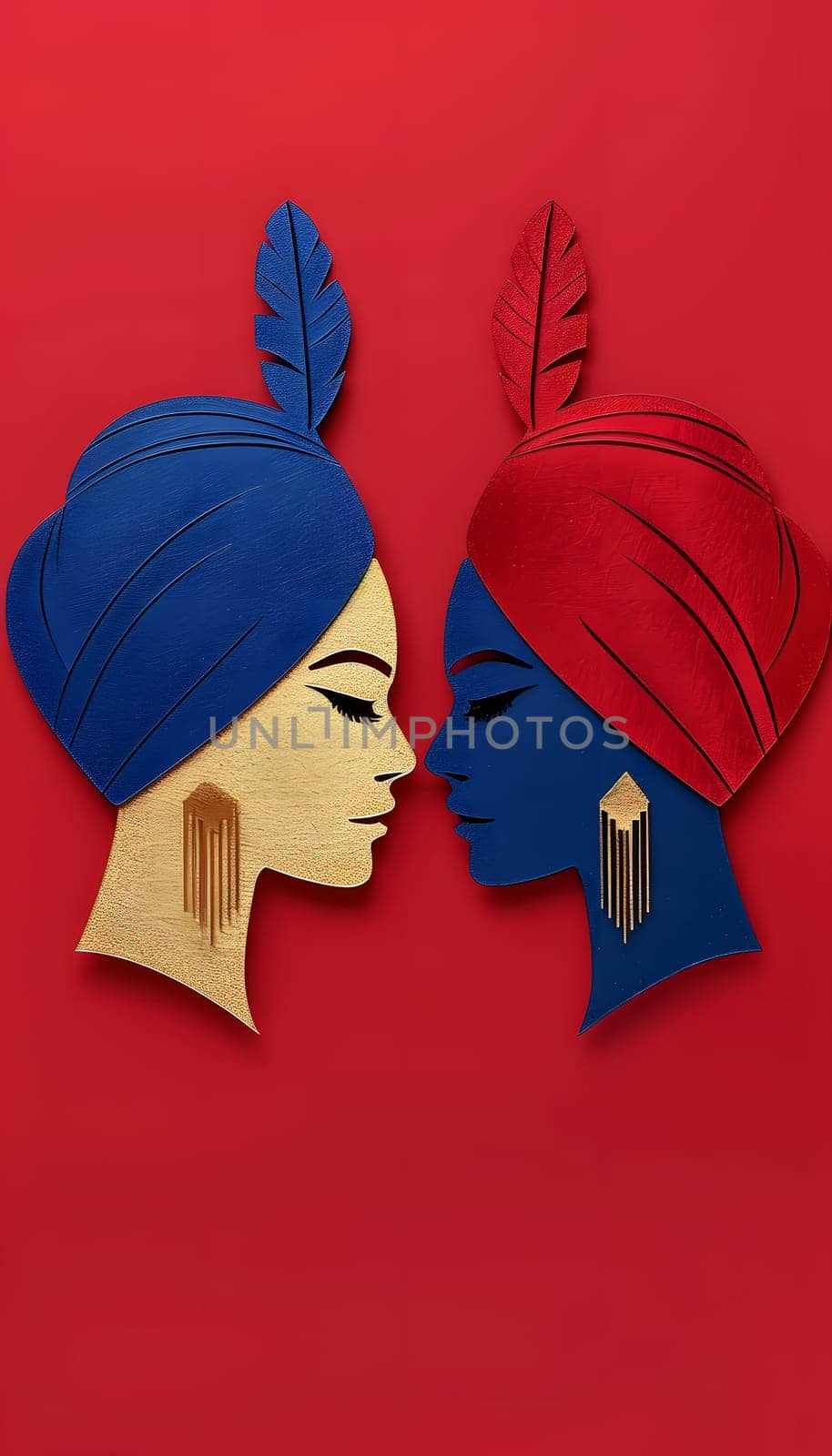 two women wearing turbans and earrings are looking at each other on a red background. High quality photo
