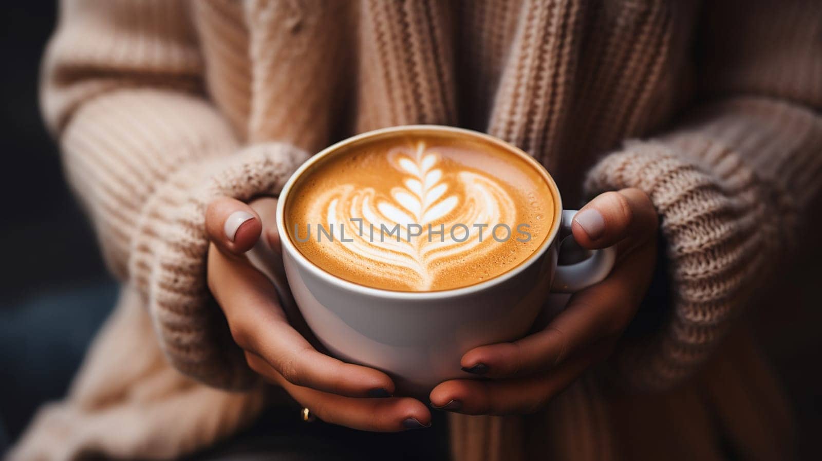 Close up of a female hands holding a cup of latte art coffee , generate AI