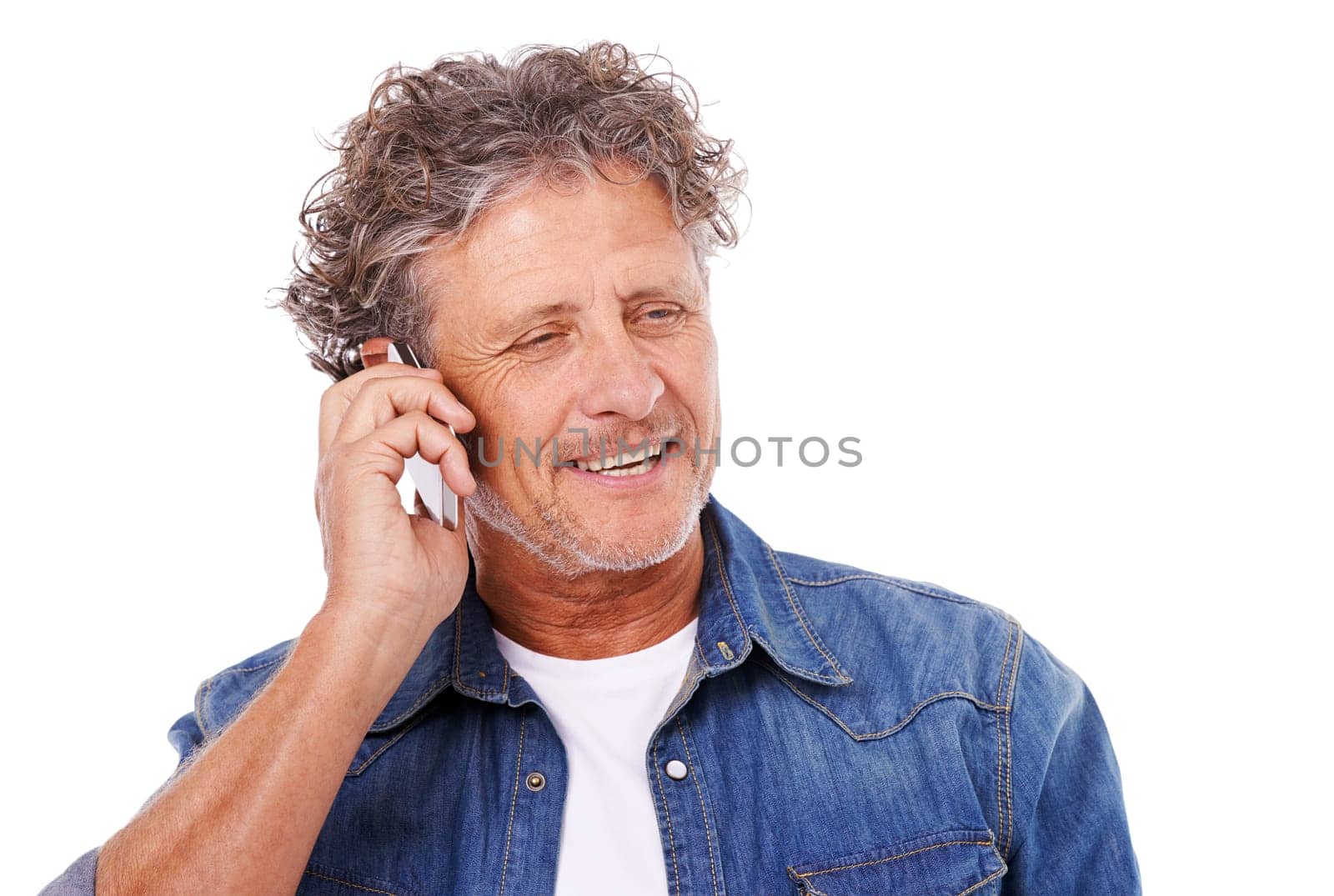 Phone call, old man and communication with contact, speaking and guy isolated on white studio background. Mature person, mockup space and model with smartphone and connection with digital app ot talk.
