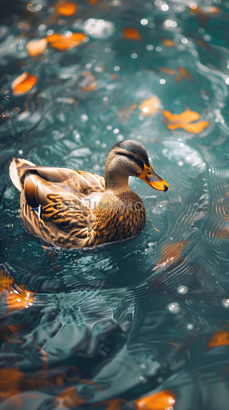 Waterfowl bird with beak and feathers floating on liquid surrounded by leaves by Nadtochiy