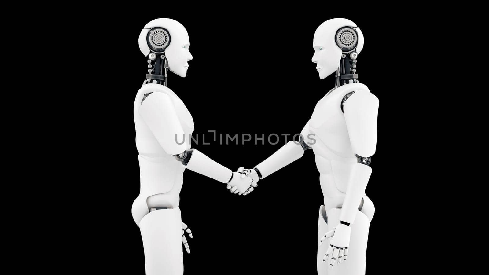 XAI 3d illustration Futuristic robot handshake , artificial intelligence CGI on black background. Robotic man 3D render animation. 3D illustration.