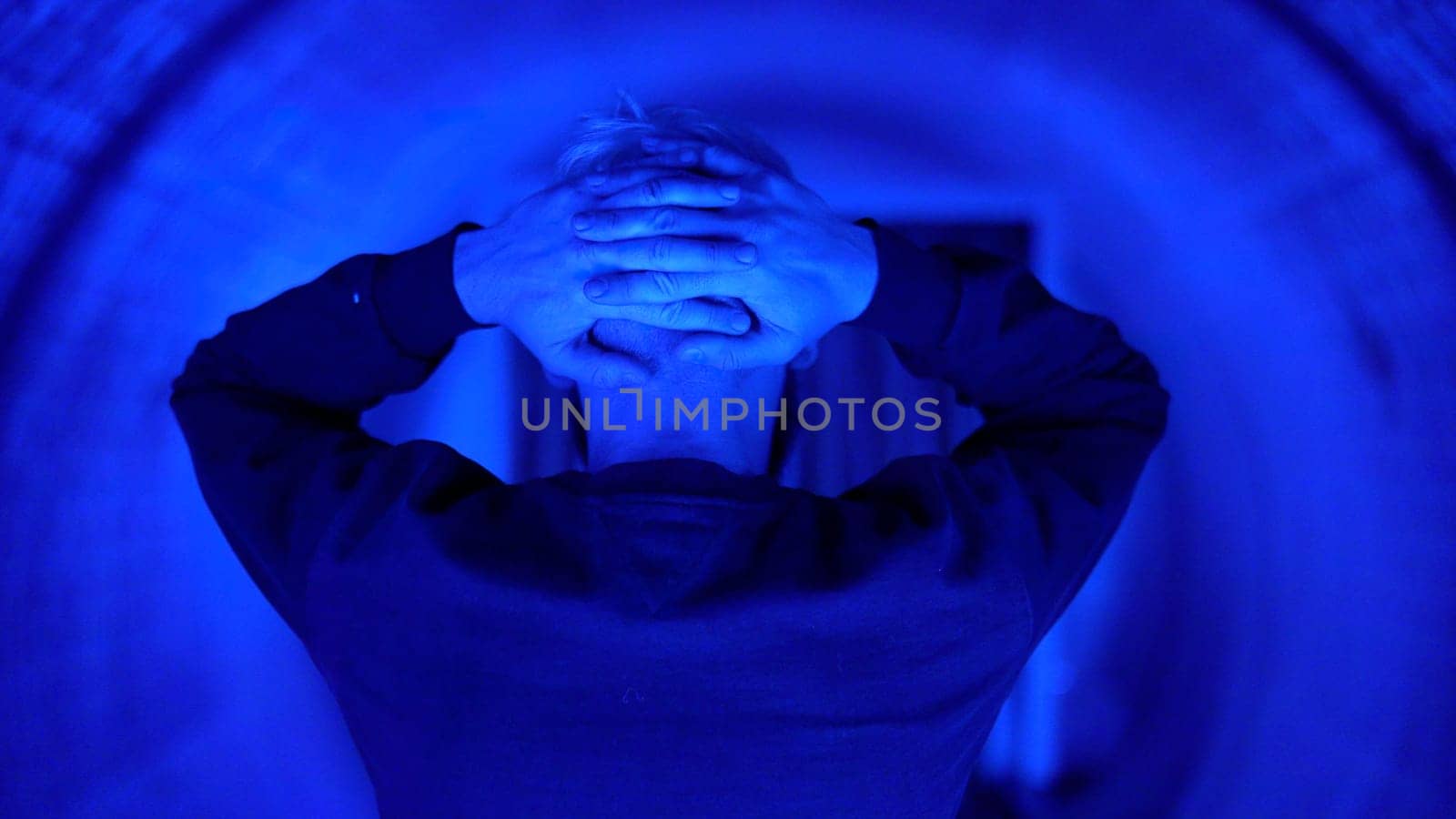 Visualization of how man with claustrophobia feels anxiety in a small room. Media. Concept of mental illness. by Mediawhalestock