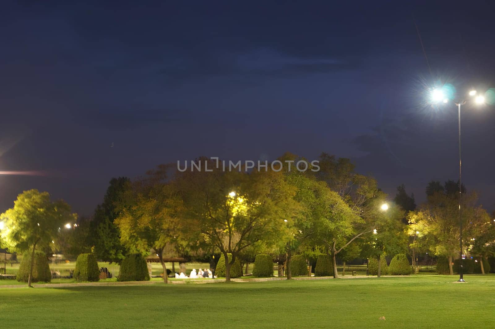 A park at night with a group of people sitting on benches. High quality photo