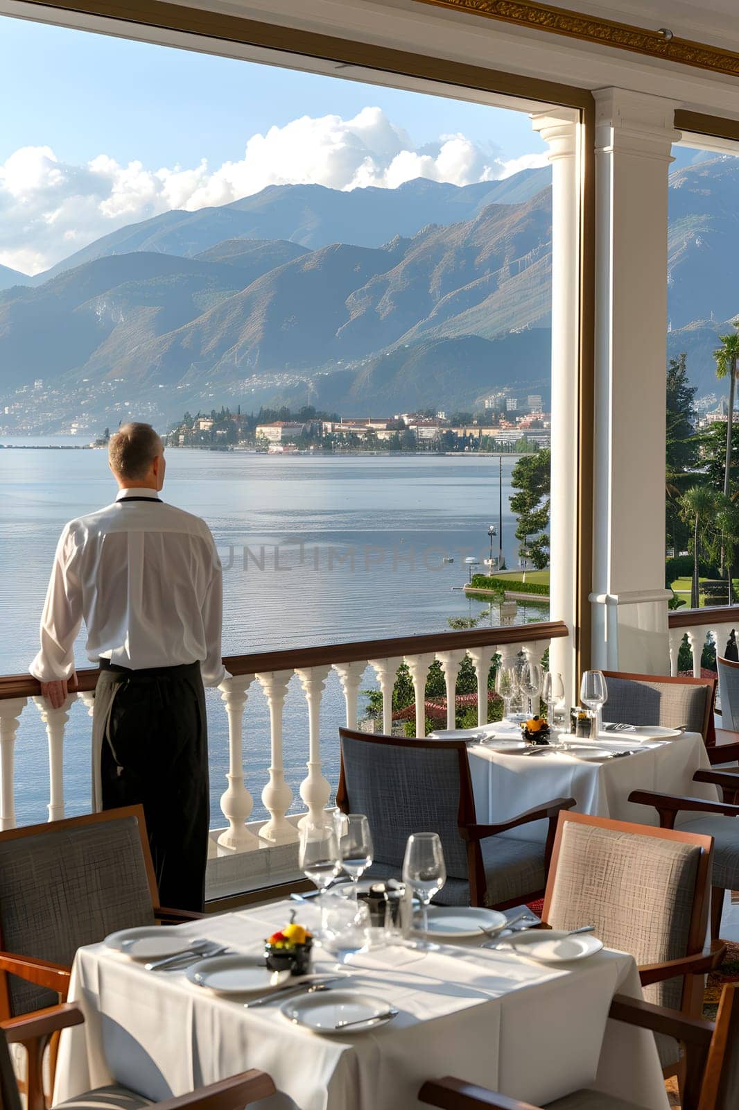 Man on balcony with lake, mountains, and sky in view by Nadtochiy