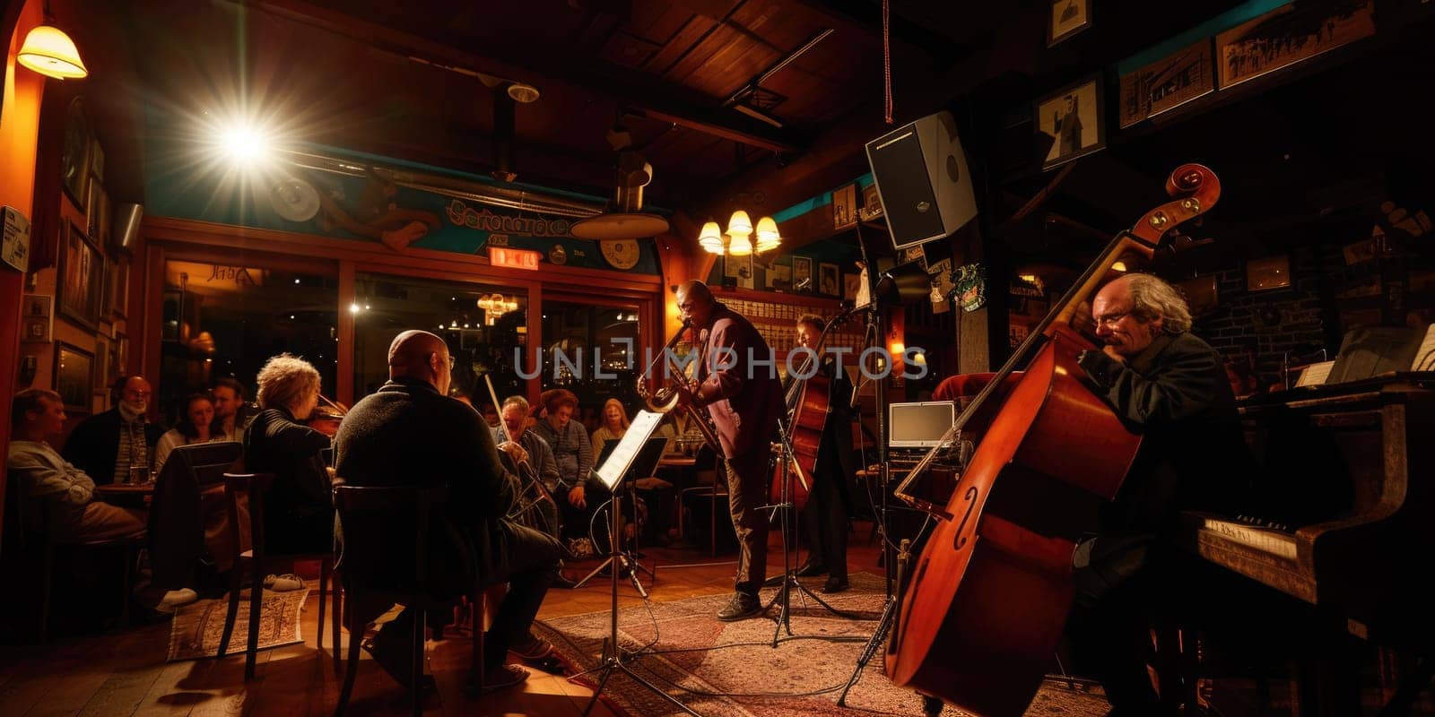 An evening jazz concert in a cozy club, musicians in deep concentration, audience immersed in the music. Resplendent.