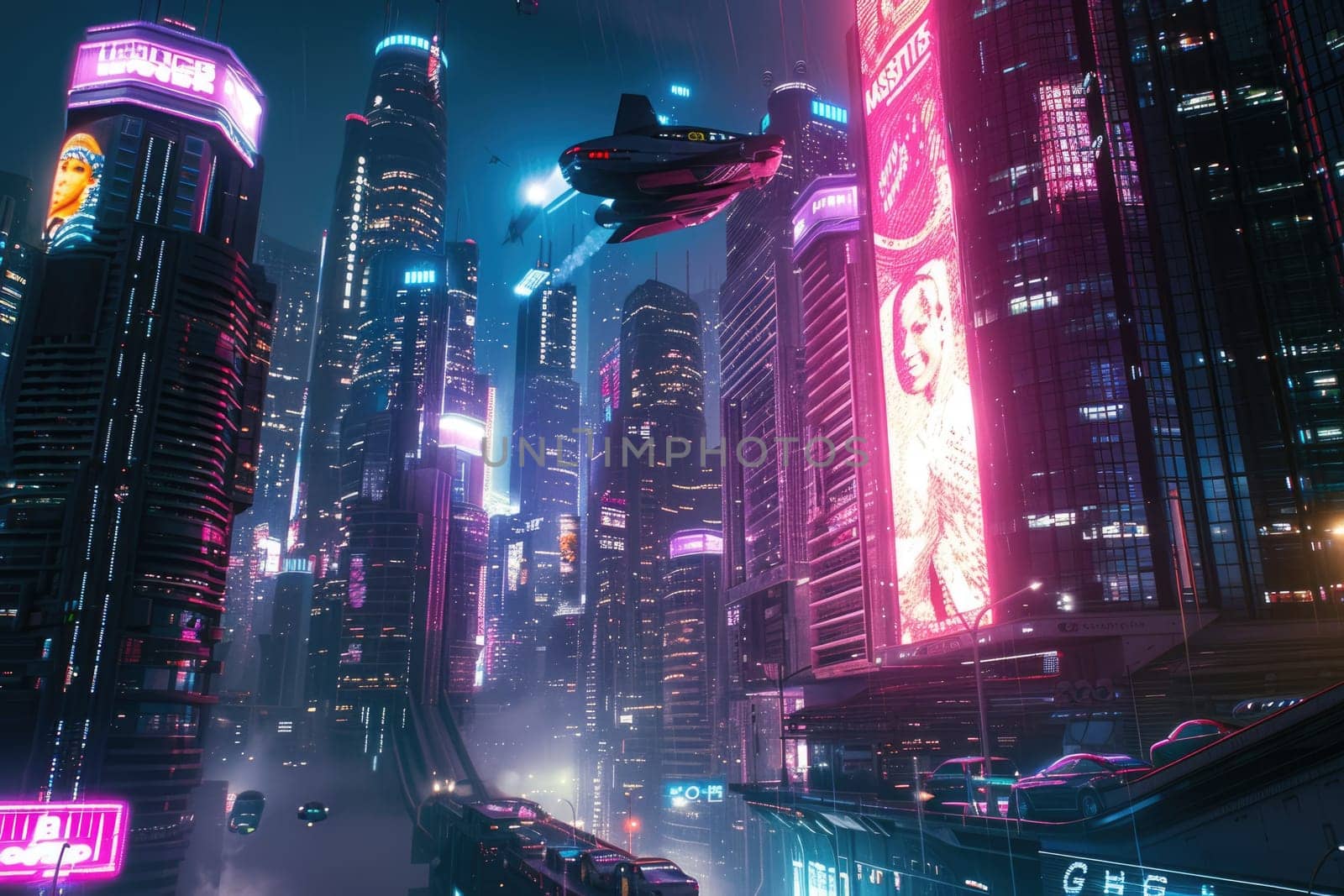 Futuristic city glows with soft hues, complemented by the sleek design of hovering vehicles above the vibrant skyline. Resplendent.