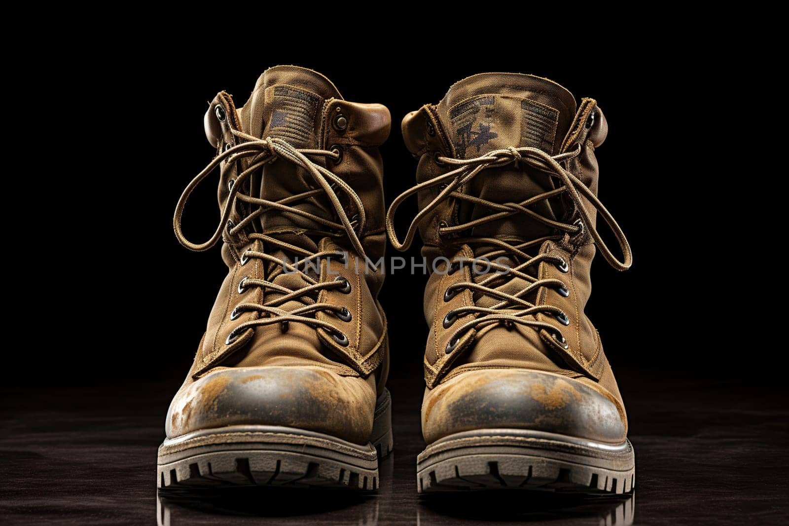 Old worn military boots on a black background. Generated by artificial intelligence by Vovmar