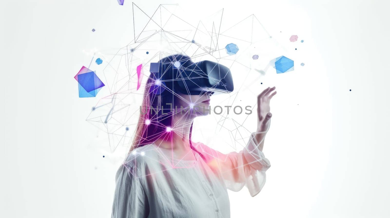 A woman interacts with a virtual reality interface, manipulating geometric shapes in a simulated environment for an advanced digital experience. AIG41