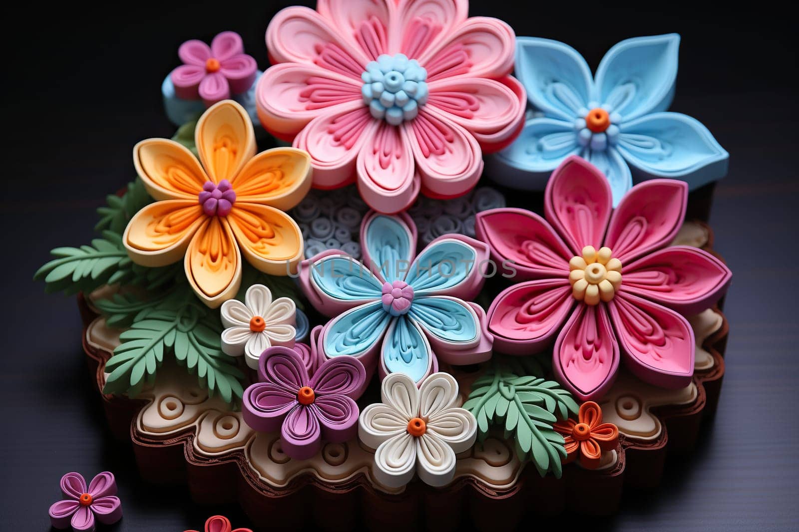 Flowers made of colored plasticine. Floral plasticine composition on a dark background.
