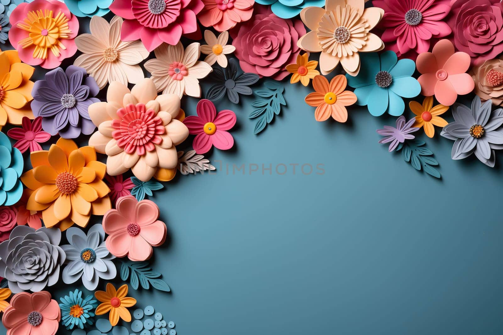 Spring, summer blue background with cut paper style flowers and place for text.