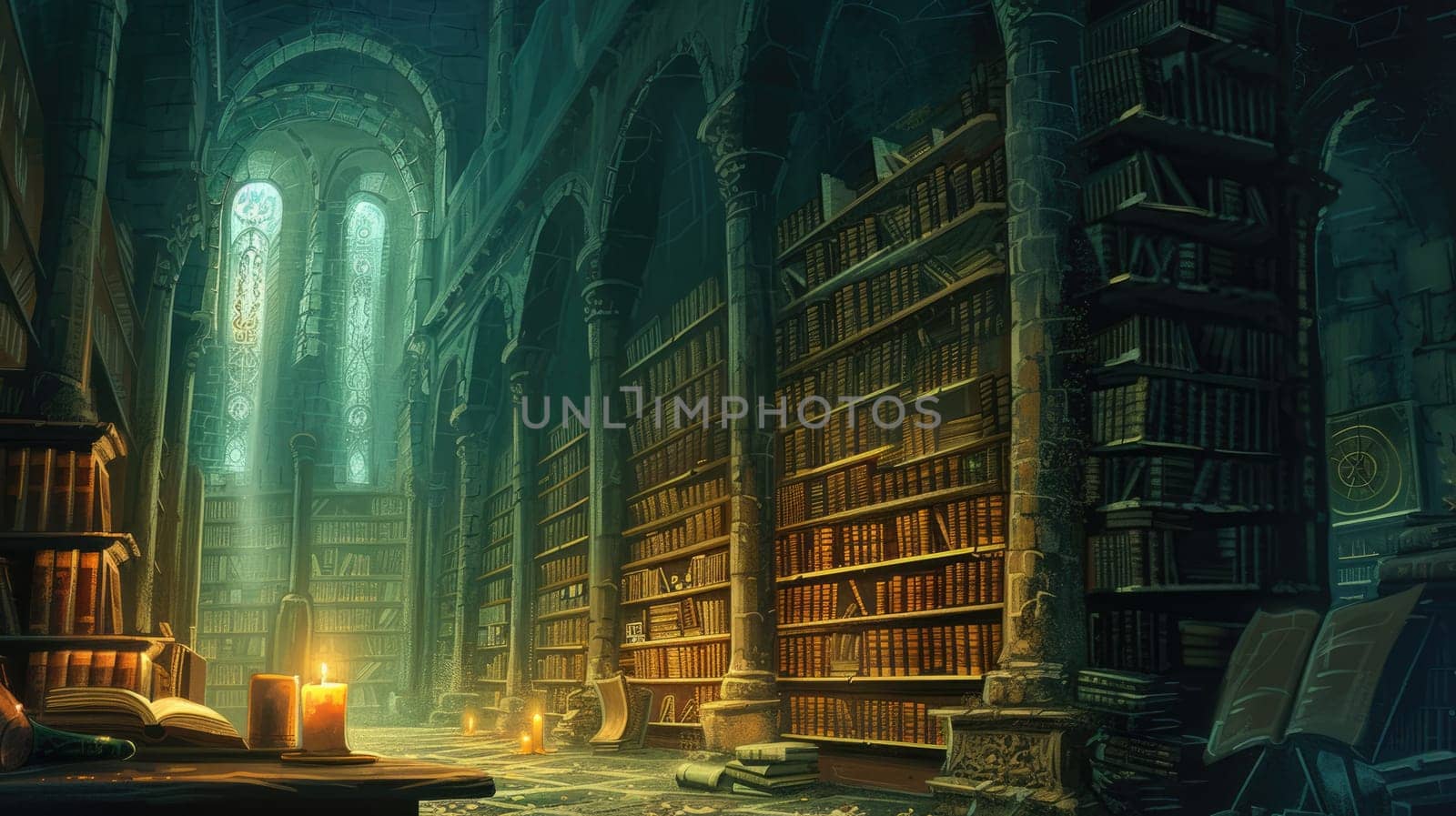 An ancient library with towering bookshelves, hidden alcoves, and magical glowing manuscripts. Resplendent.