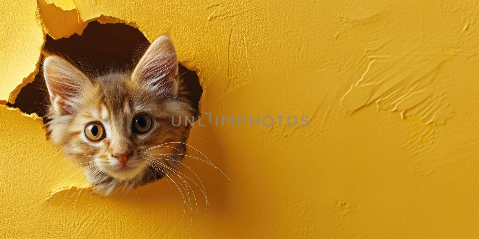 Close up view picture of the hollow yellow hole on the the wall that show the cat stay inside the wall that has been made from some material yet still can be break to look through other side. AIGX03.