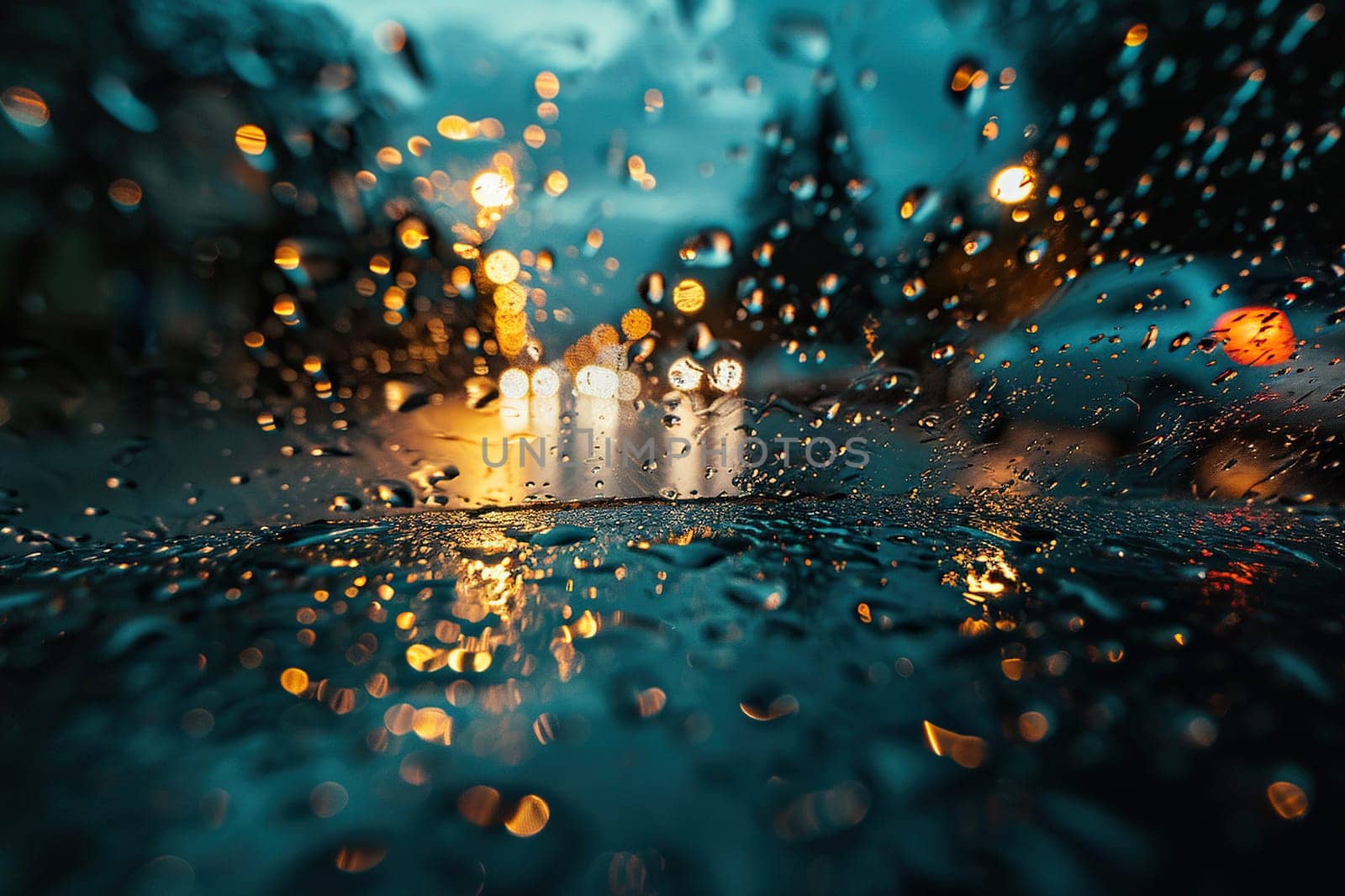 Raindrops close-up on a car window in the evening.