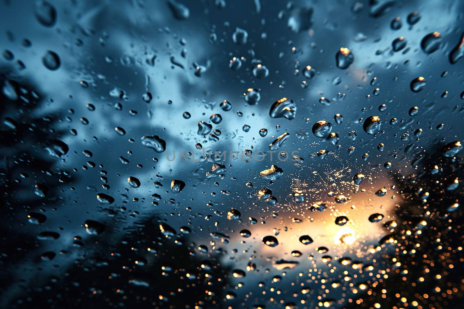 Large drops of rain on the glass or hood of a car with the sky reflected.