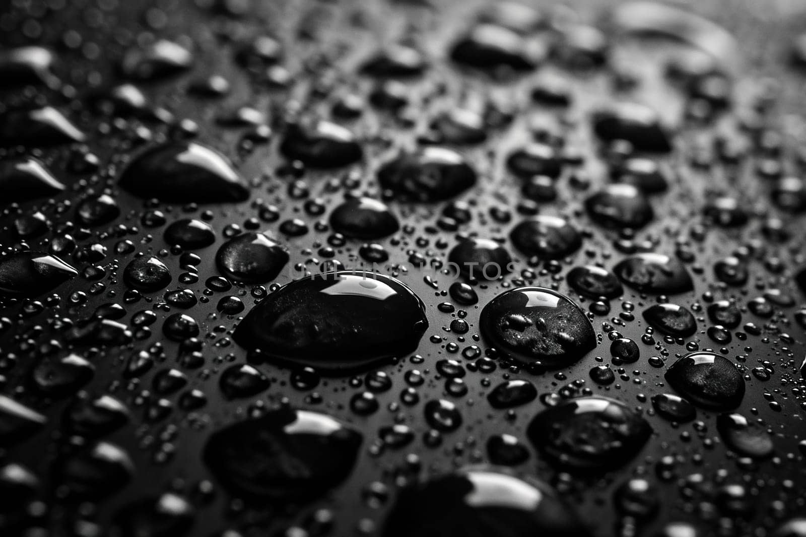 Close-up of water drops on a black surface with blur. Horizontal abstract background.