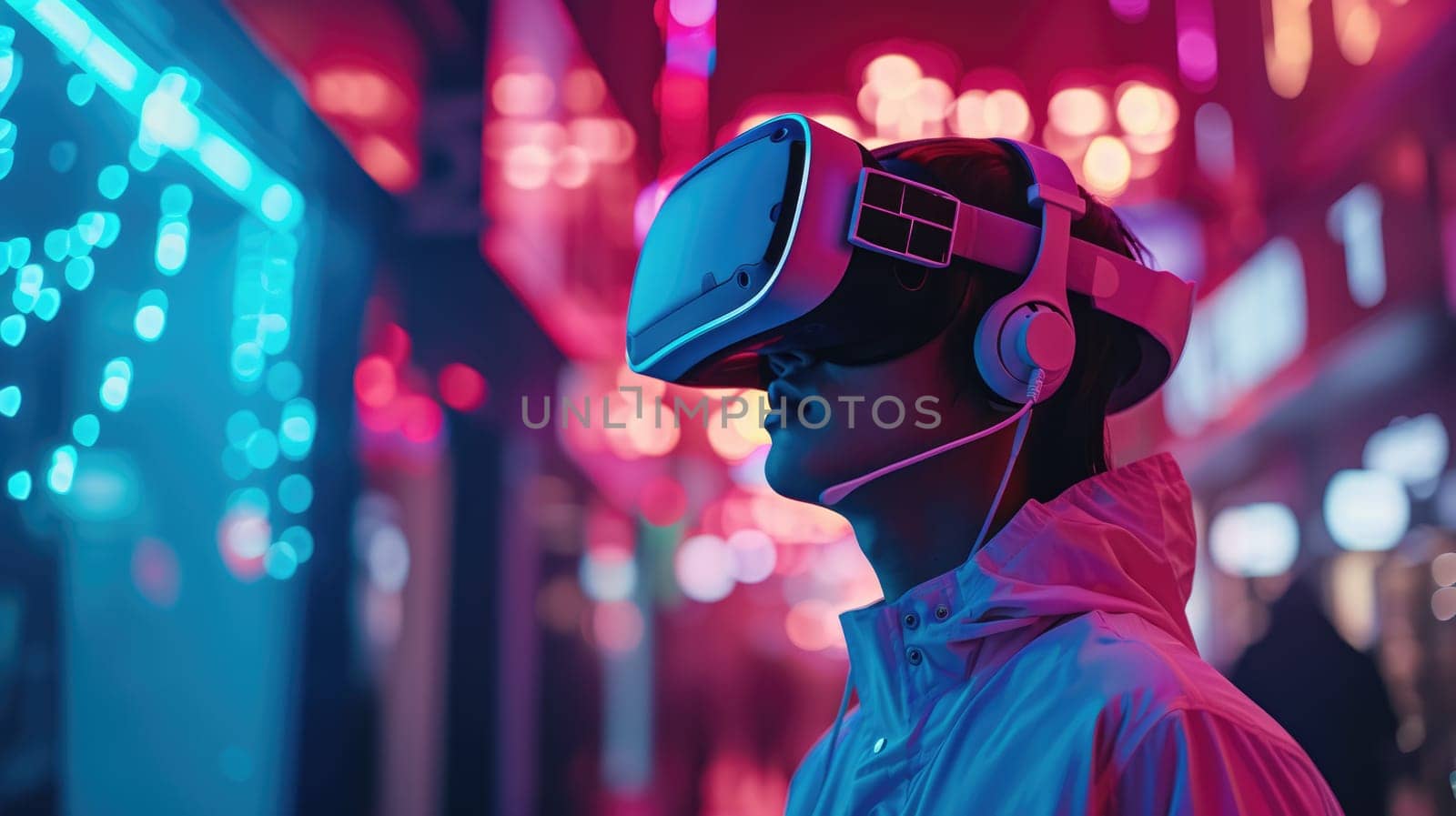 A woman dons a VR headset in a dimly lit room, immersing herself in a virtual reality experience for entertainment. AIG41