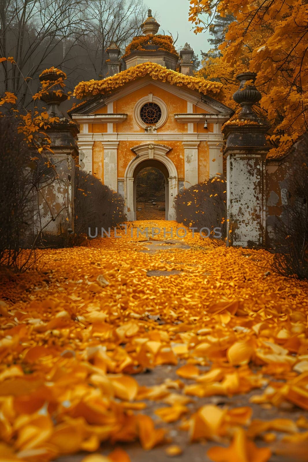 A building surrounded by a blanket of fallen leaves, blending into the natural landscape. The sun shines on the yellow leaves, creating a beautiful botanic scene