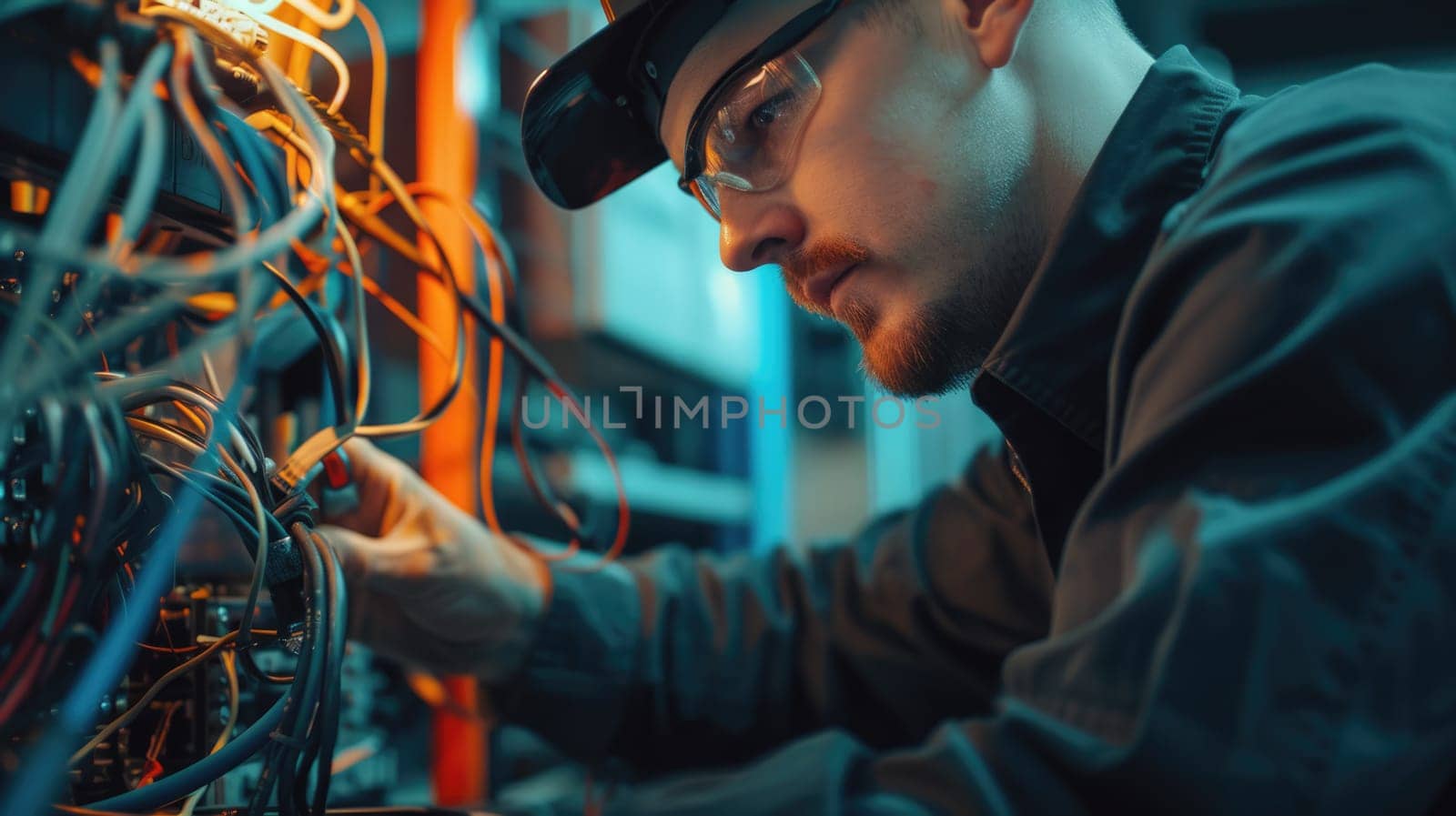 An engineer is using a drill to work on an electrical box, wearing electric blue workwear and safety gloves, handling wires and metal. AIG41