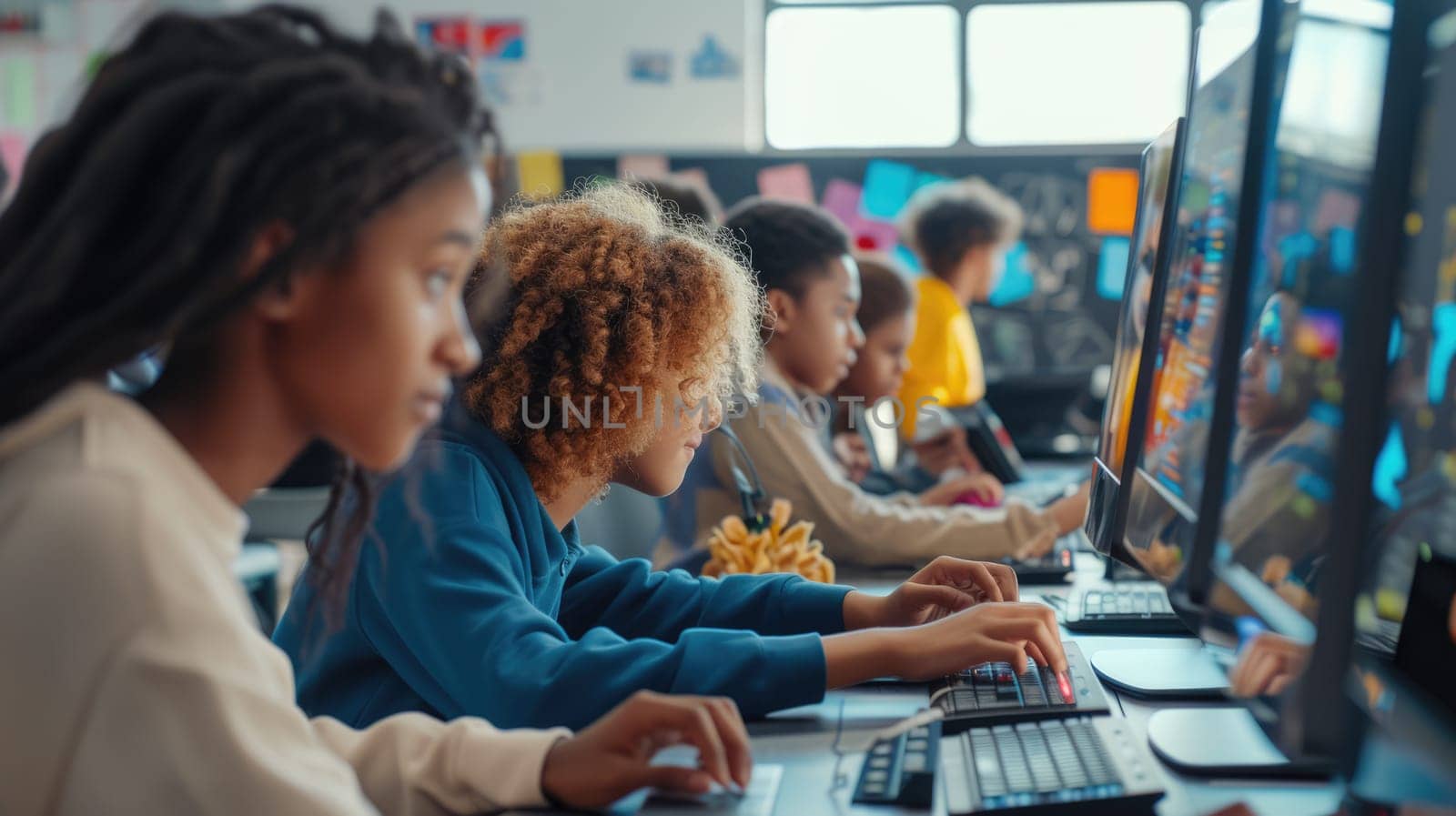 A group of people sitting at desks in a computer lab, using personal computers with computer monitors as display devices. AIG41