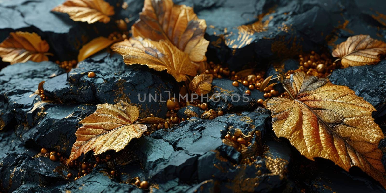 The picture of nature that focused to the gold leaf from tree in the forrest that stay on ground and got illuminated with the bright light of sunlight in the summer or spring time of the year. AIGX03.