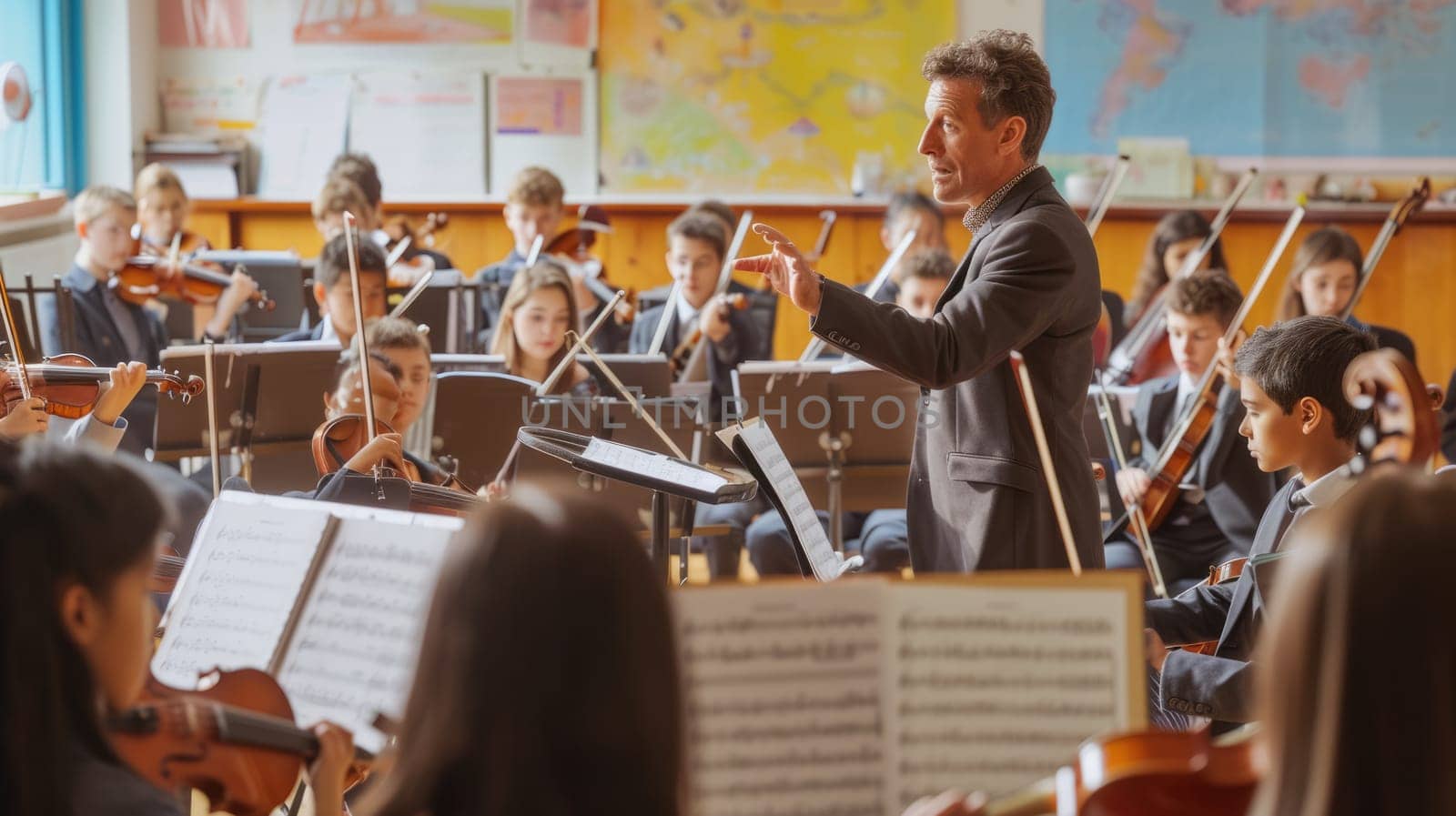 A group of musicians are performing on string instruments, specifically the violin family, in a building as part of a musical entertainment event. AIG41