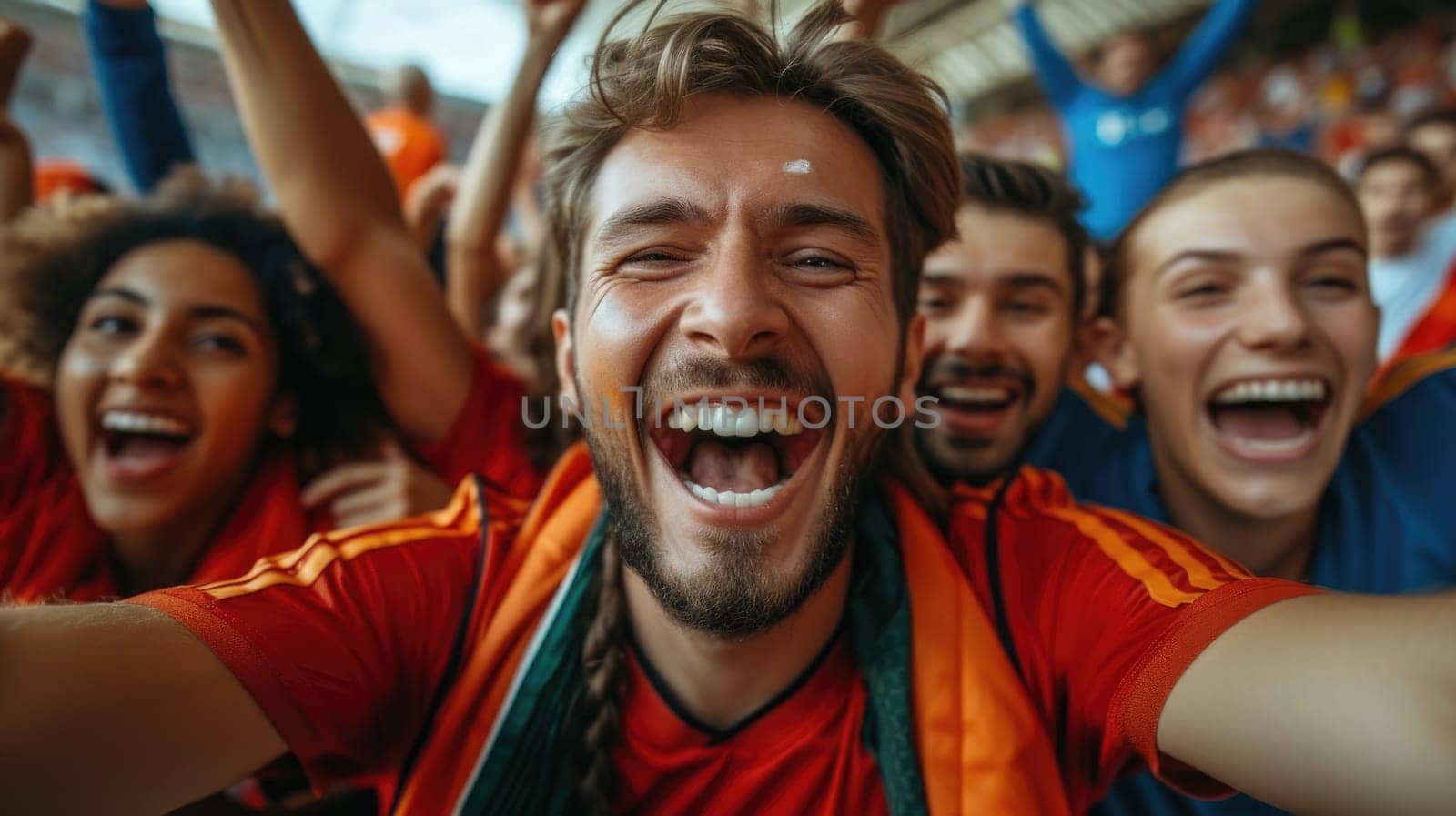 A crowd of fans in the stadium joyfully watches the soccer game, entertained by the players' gestures, smiling and having fun. AIG41