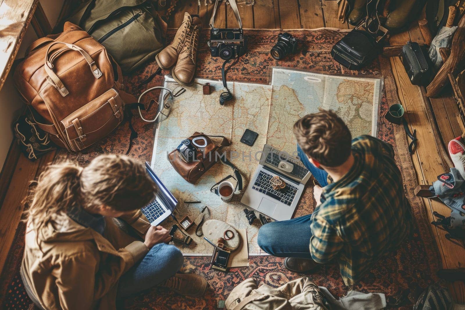 The picture of the couple young or adult caucasian human focus and looking at the map of the world in the small room that has been filled with various object under a bright sun in the daytime. AIGX03.