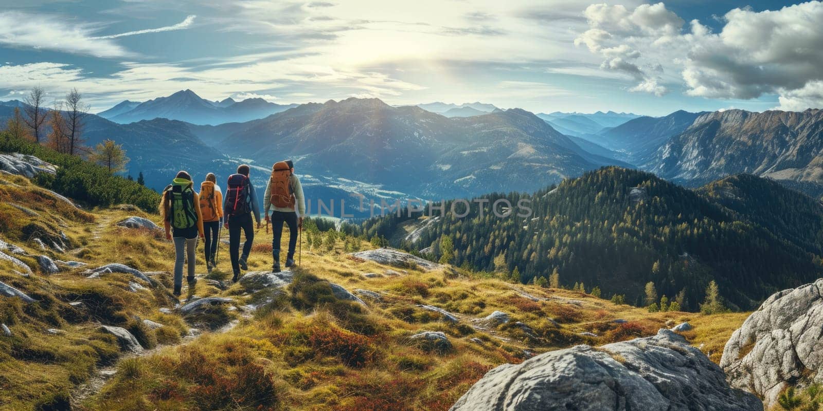 A group of friends on a hiking adventure, panoramic mountain views, capturing the spirit of friendship and exploration. Resplendent.