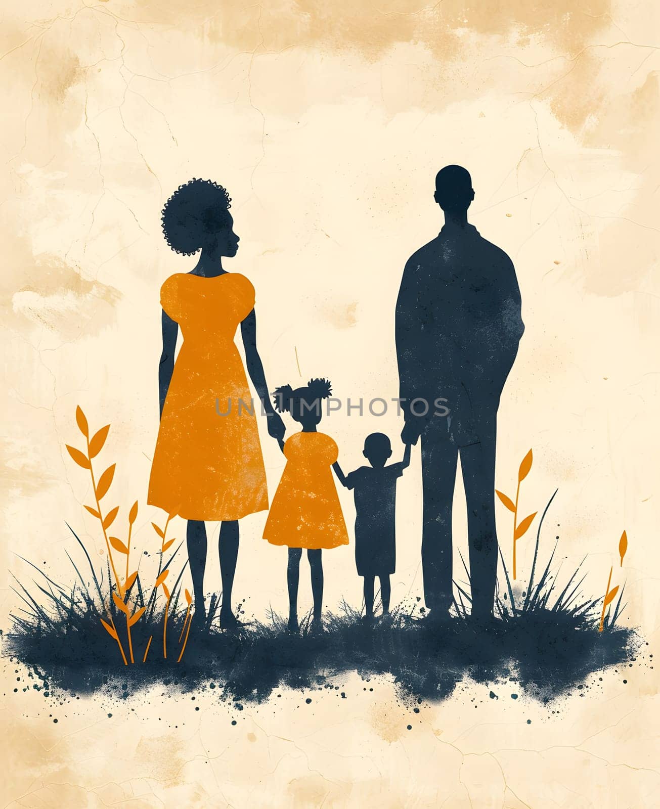Artistic depiction of a happy family standing in nature holding hands by Nadtochiy