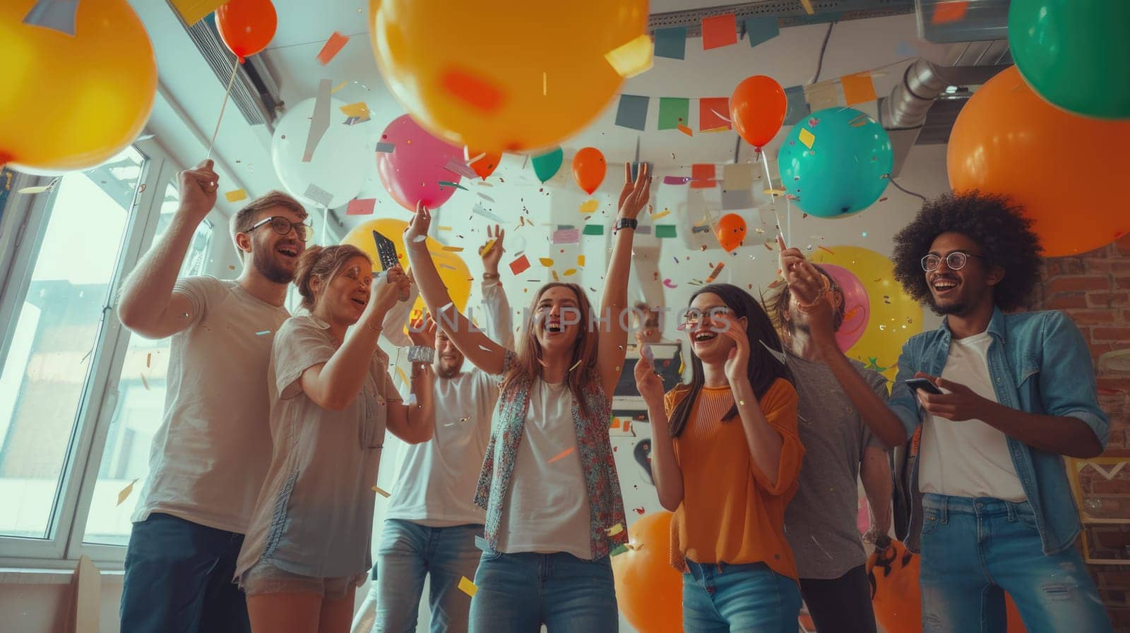 Group of people celebrating birthday with balloons and confetti AIG41