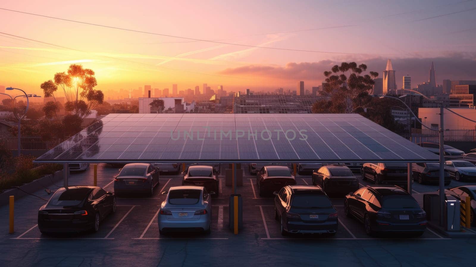 An aerial view of a car charging station in a parking lot, combining urban design, landscape, and sustainable transportation AIG41