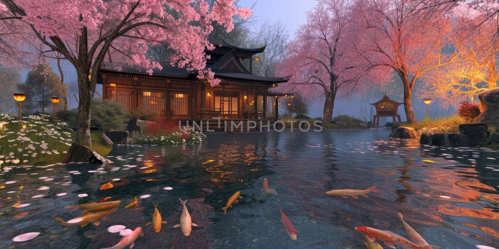 The warm sunset glow reflects on the tranquil waters of a koi pond by a traditional Japanese pavilion, surrounded by the soft pink hues of cherry blossoms. Resplendent.