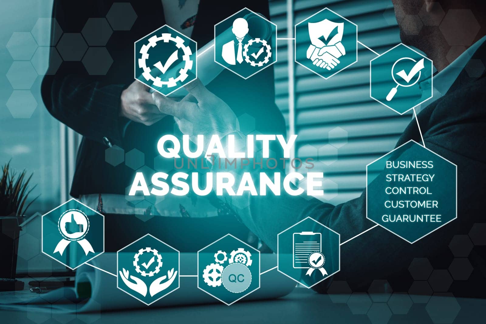 Quality Assurance and Quality Control Concept - Modern graphic interface showing certified standard process, product warranty and quality improvement technology for satisfaction of customer. uds