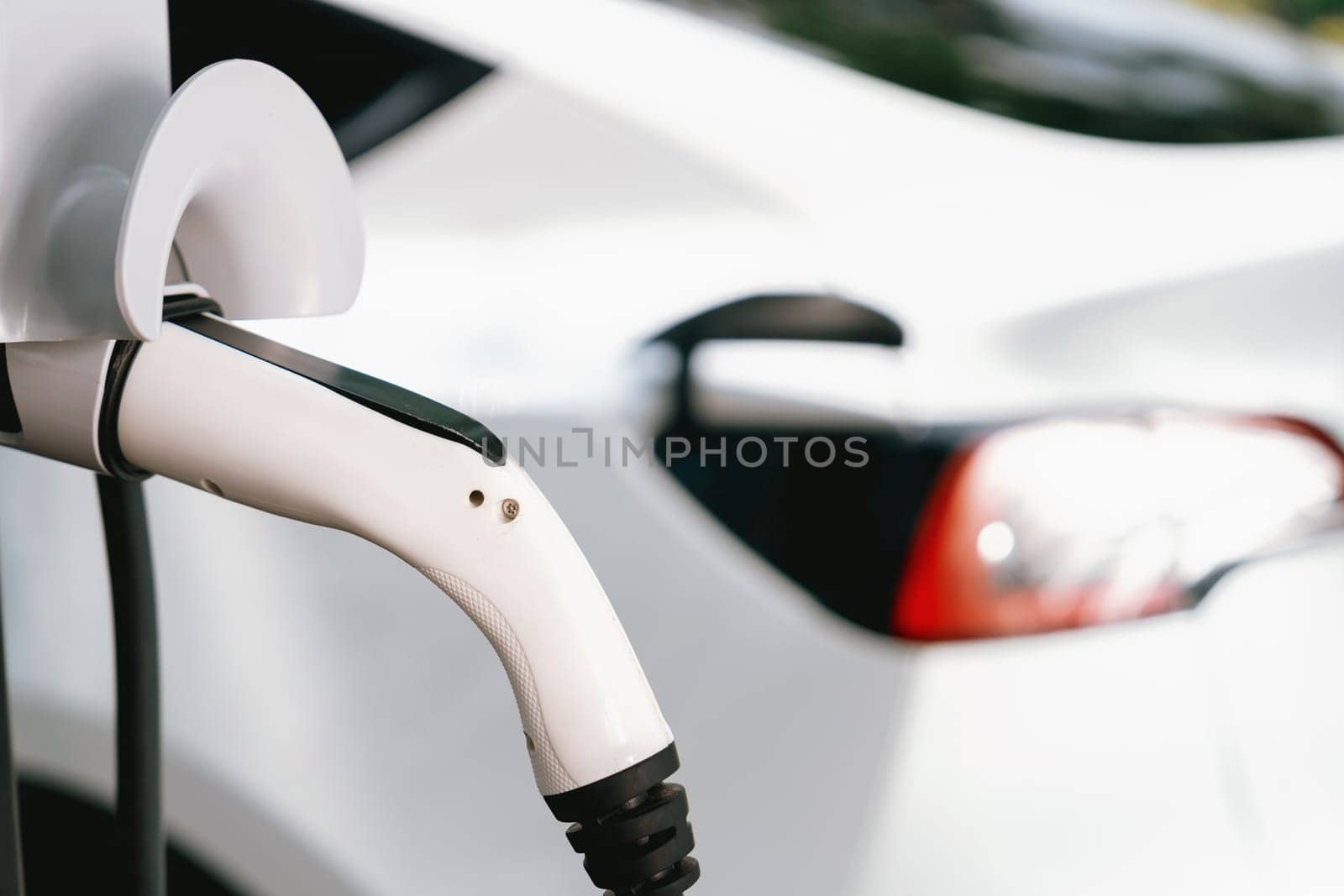 Closeup EV plug charger attached to EV car for battery recharging from electric charging station using clean and sustainable energy. Natural protection and eco friendly car travel concept. Exalt