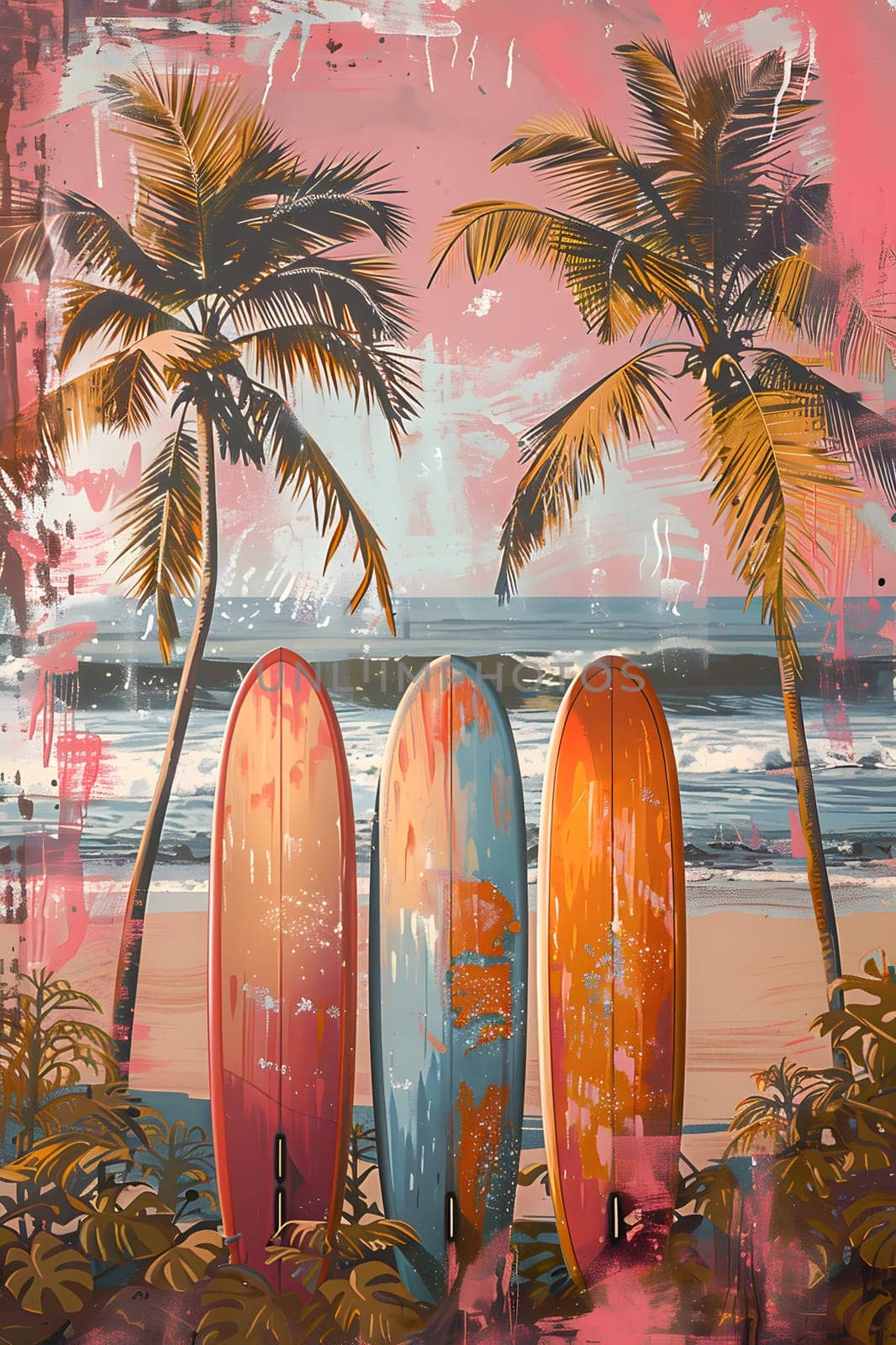 Three surfboards are placed on the sandy beach, framed by lush palm trees against the vibrant sky. The tranquil waters and tropical setting create a picturesque landscape of nature and relaxation