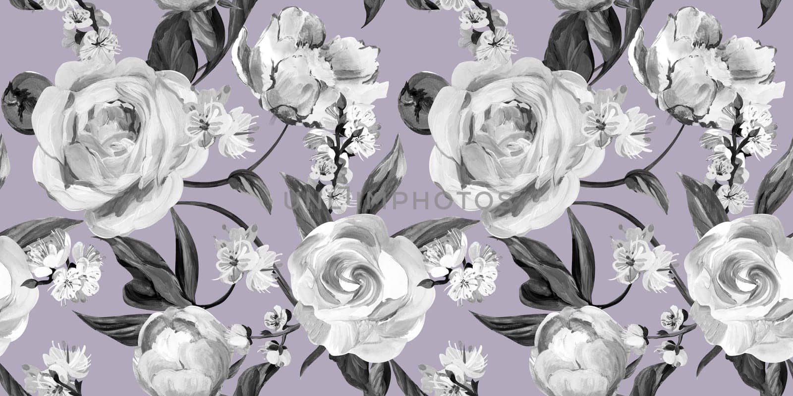 Botanical seamless pattern with peonies and sakura branches drawn in gouache for textile by MarinaVoyush