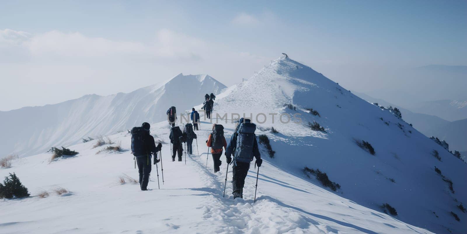 hiking in winter mountains. People traveling and sport concept and cloudy day by Jyliana