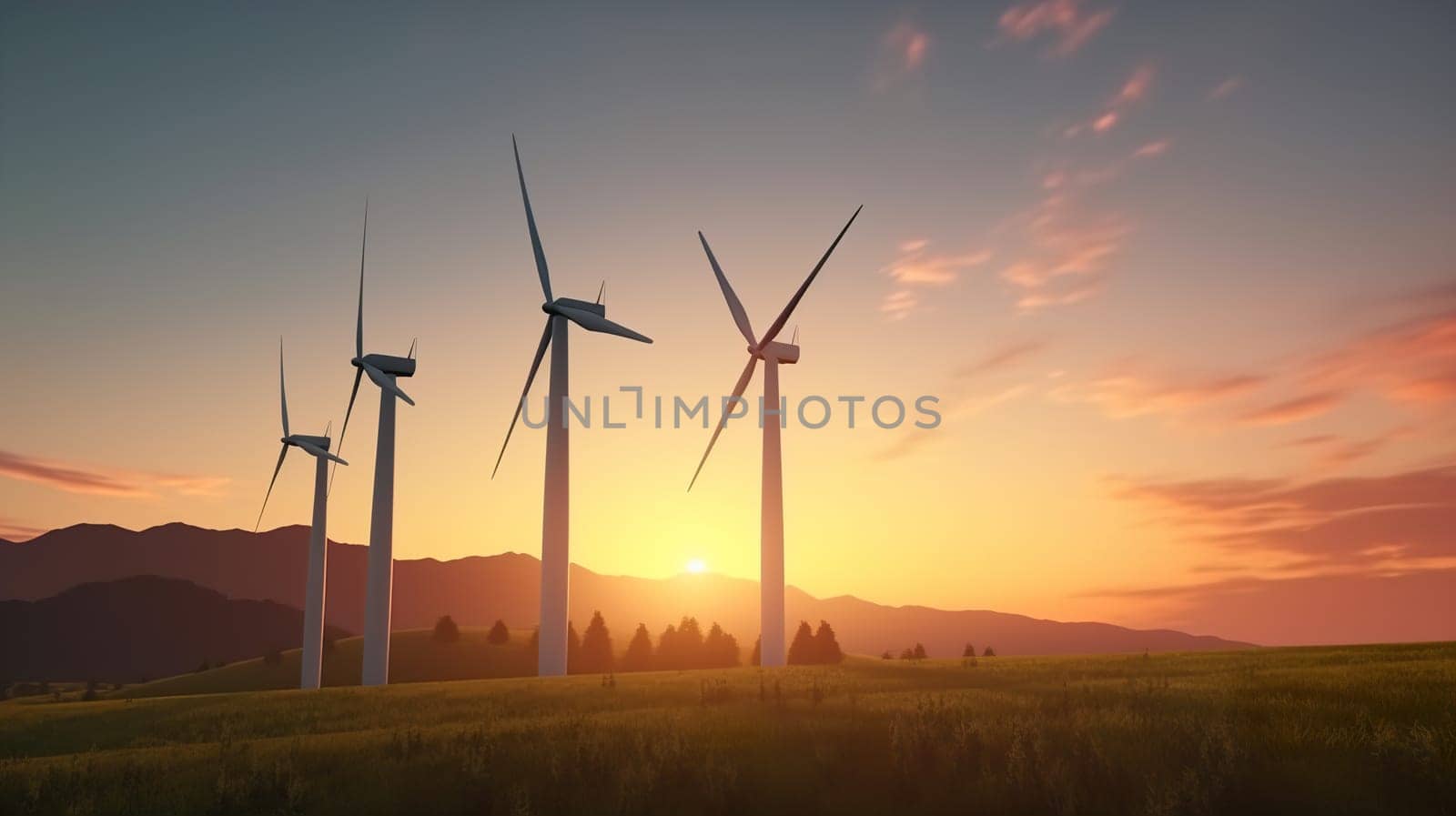 wind turbines in the rising sun. renewable energy with wind turbines