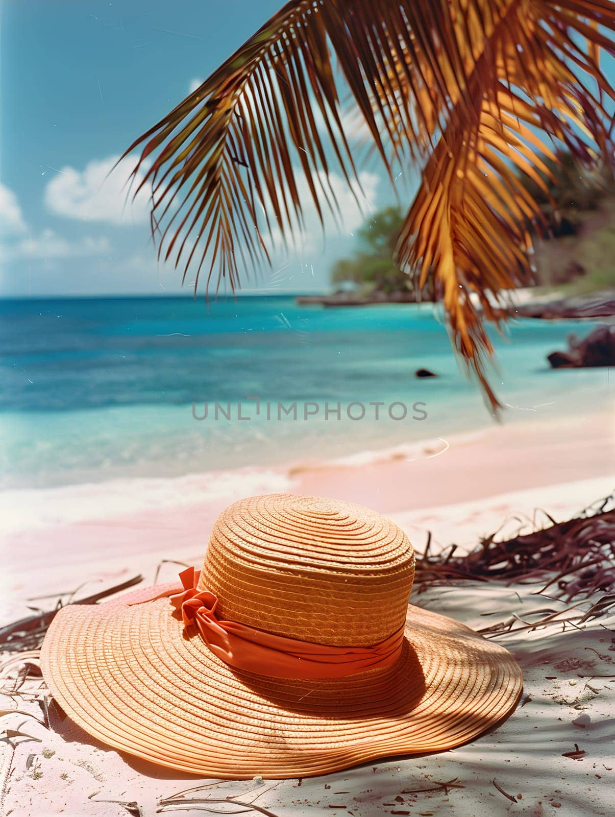 A straw hat rests on the sandy beach, framed by a majestic palm tree reaching towards the sky. The light dances on the water, creating a serene natural landscape perfect for travel and relaxation