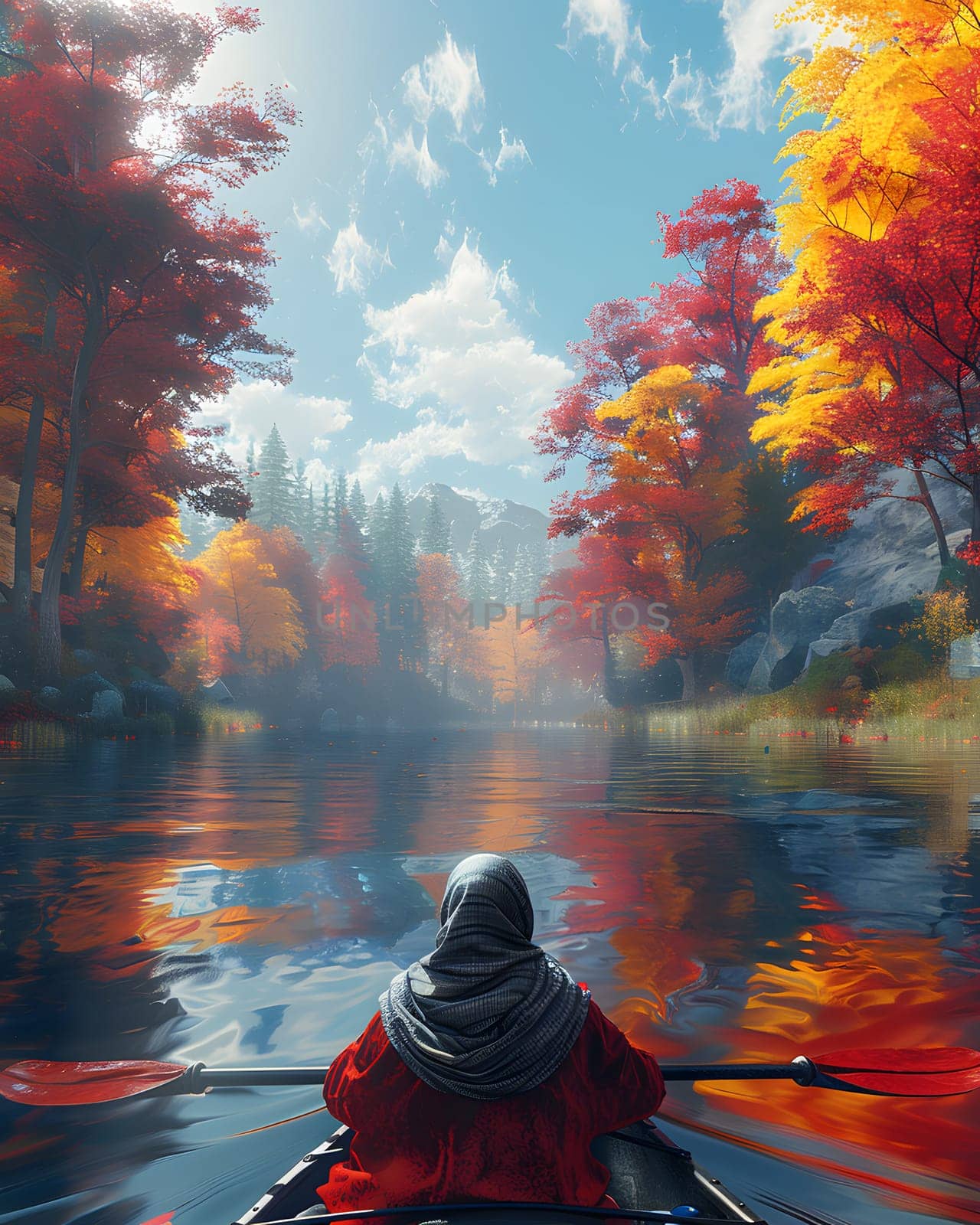 A person in a crimson jacket is gracefully navigating a canoe through the tranquil river, surrounded by lush trees under a cloudy sky