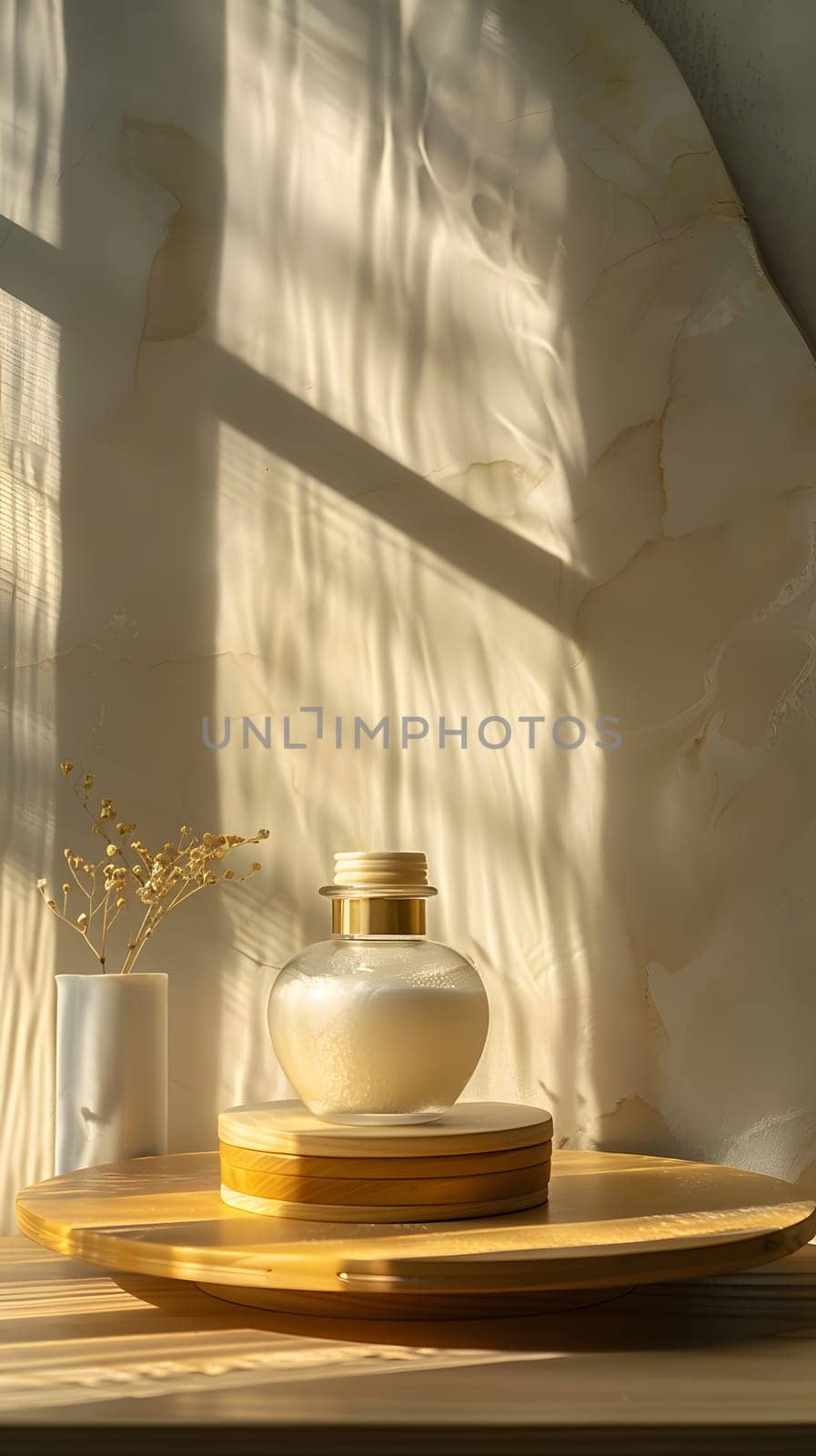 A wooden tray holds a glass vase on a table by the window in a still life setup by Nadtochiy