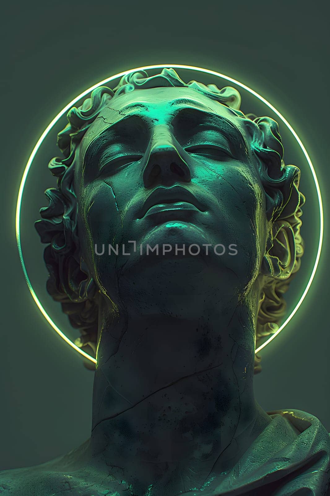 An intricate sculpture of a man in darkness, eyes closed, with a glowing halo around his head in electric blue. The metal artifact showcases perfect symmetry and a halo in the form of a circle