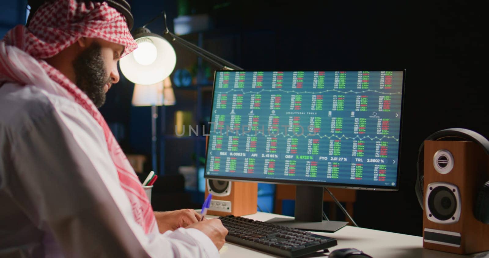 Muslim broker investor employee at office desk checking stock exchange valuation financial profit numbers. Arab company executive stockholder looking at market shares growth