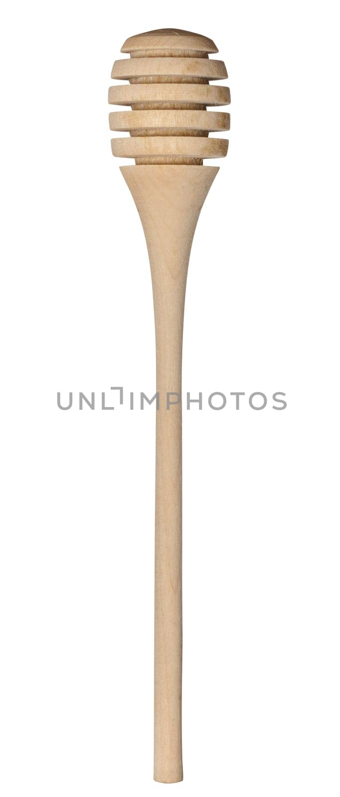 Wooden honey stick on white isolated background, close up