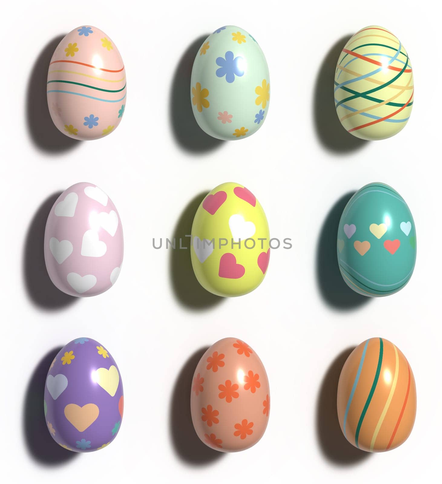 Set of painted Easter eggs with shadow on isolated background, Happy Easter